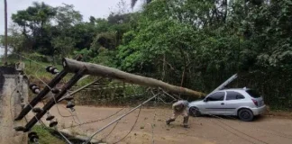 Caminhão atinge fiação e poste cai sobre carro no Bairrinho, no Urbanova